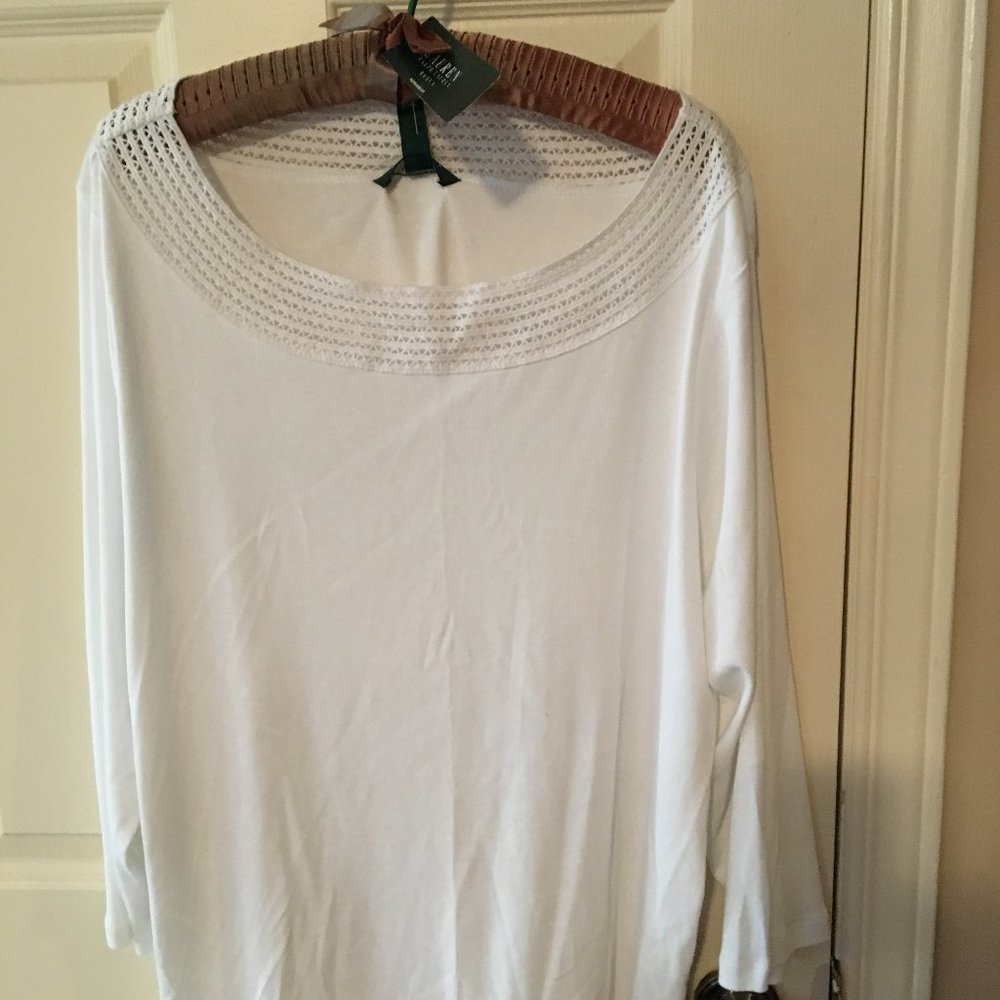 Plus size white long sleeve t-shirt with boat neck accent/lace